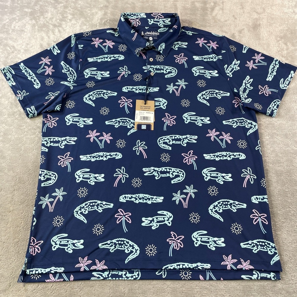 Chubbies Polo Shirt Mens XXL Blue Neon Performance Alligator Palm Summer Beach